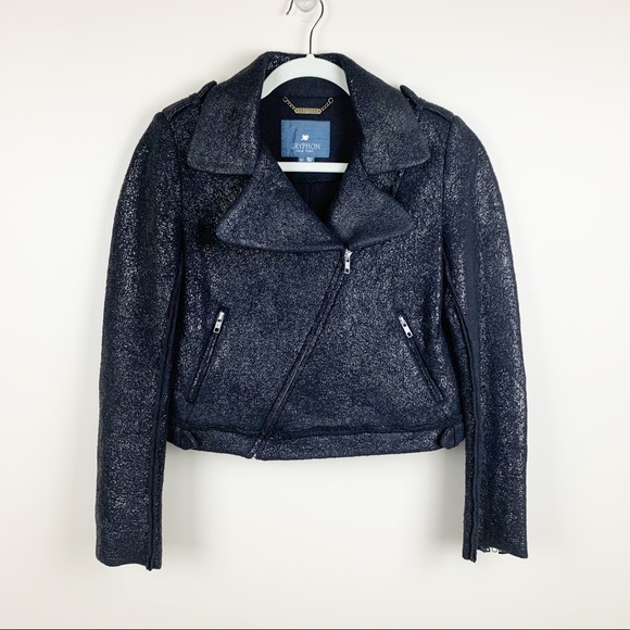 Gryphon New York Black Sparkle Wool Moto Jacket Womens M Biker Mod Punk - Picture 2 of 10